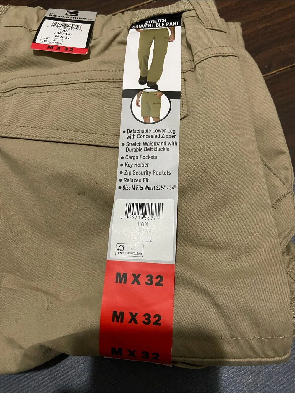 BC Clothing Men's Convertible Pants Hiking Cargo Belted, Tan, Size: M x 32